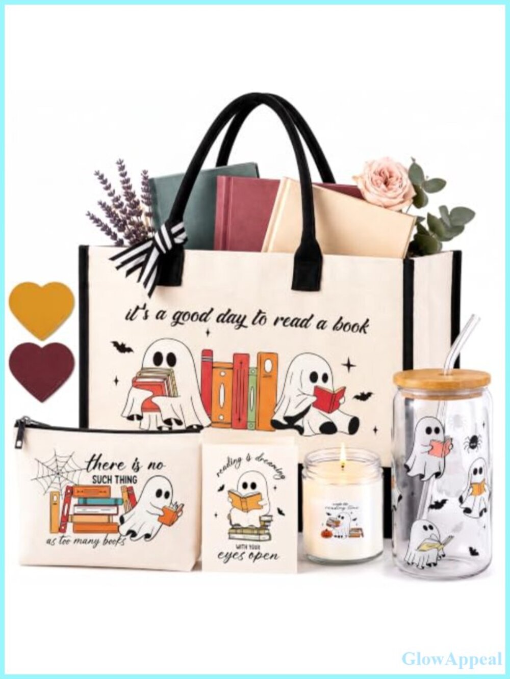 Ghost Reading Canvas Tote Bag Set Glass Cup Candle Bookmark Gift